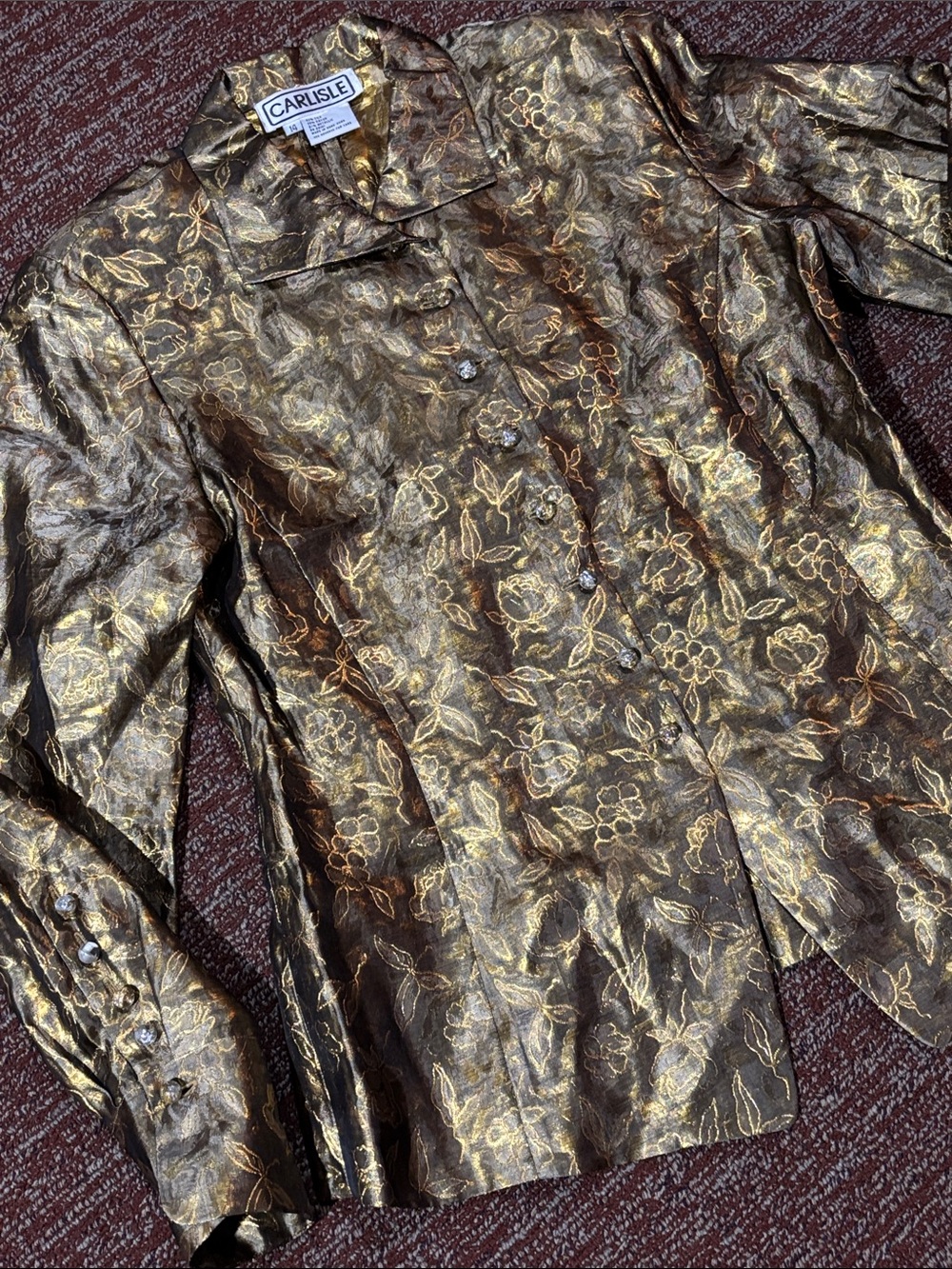 Carlisle Gold Metallic Brocade Shirt Jacket silk button down glamorous blouse 14